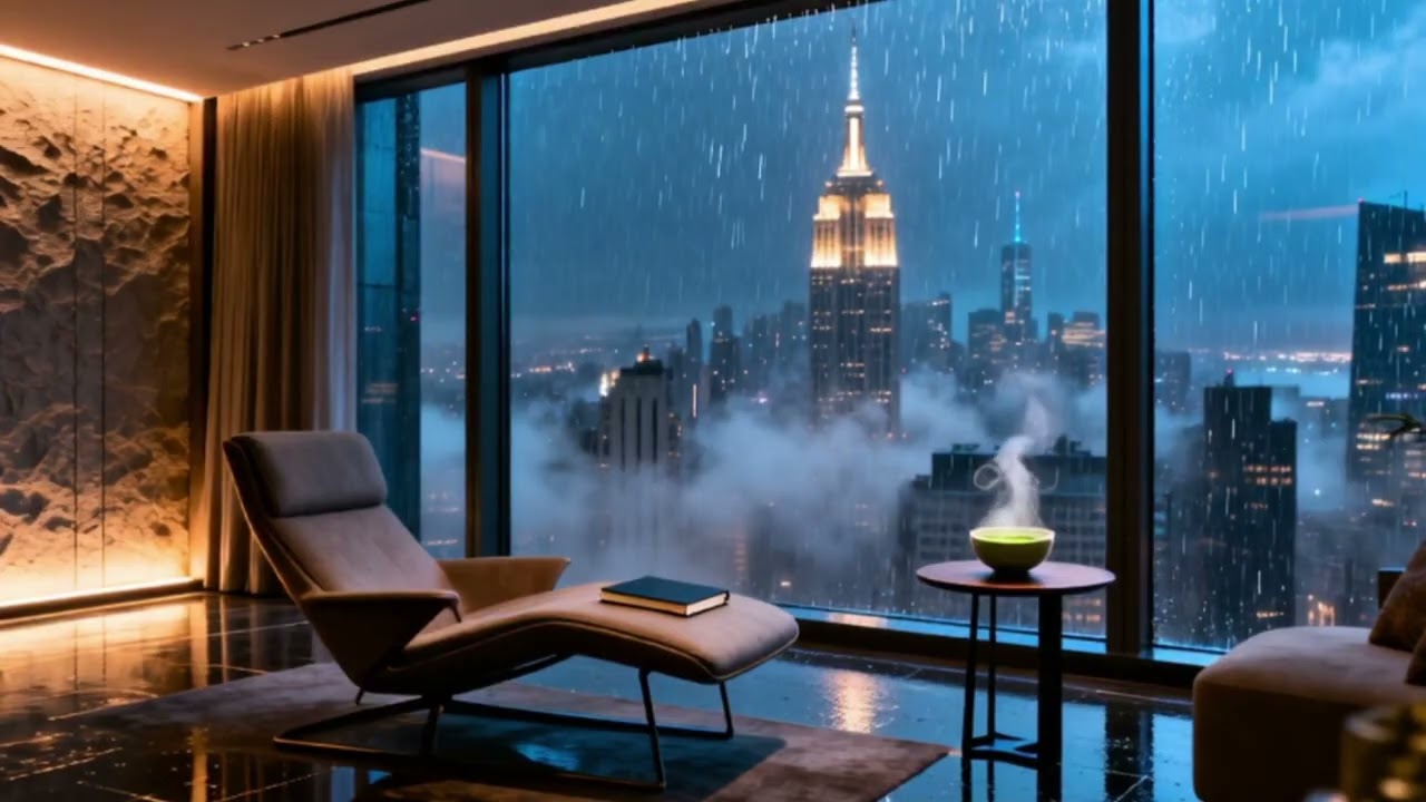 Late Night Rain Luxury Penthouse with City Skyline | Study & Focus Ambience