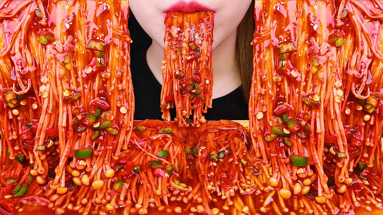 ASMR SPICY ENOKI MUSHROOMS WITH FIRE SAUCE + MALA EATING SOUNDS MUKBANG