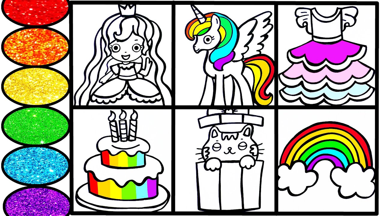 How to draw Rainbow Princess Unicorn Cat and others-Glitter Coloring for kids