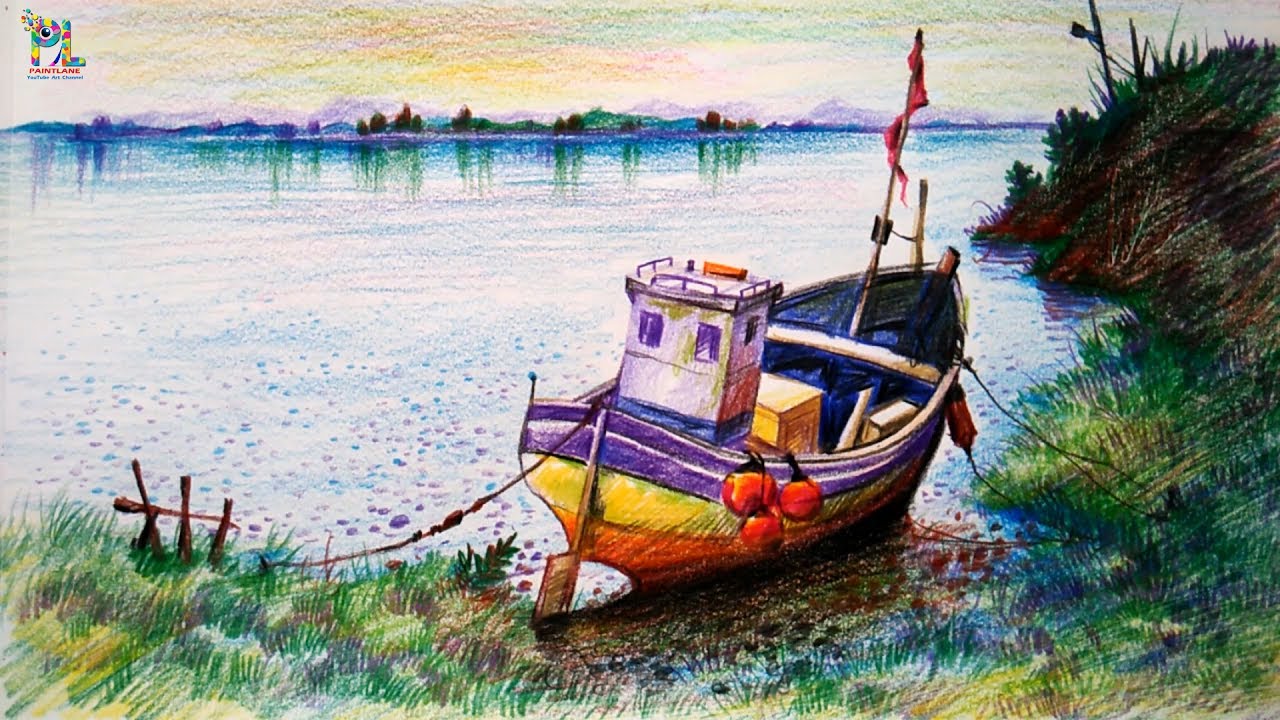 Learn How To Draw & Colored A Boat In A Simple Landscape With COLOR PENCILS | Pencil Shading