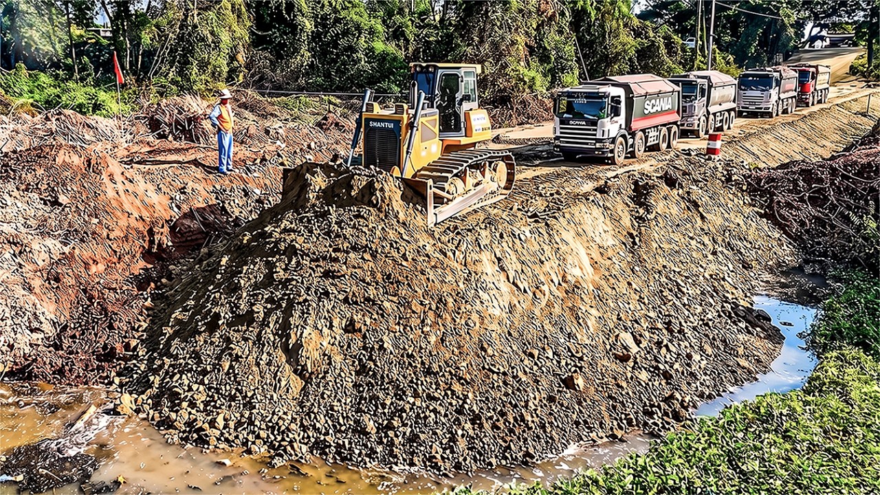 Incredible Build Foundation of New Rural Road Project SHANTUI Dozer & 25 Ton Dump Truck in Action.