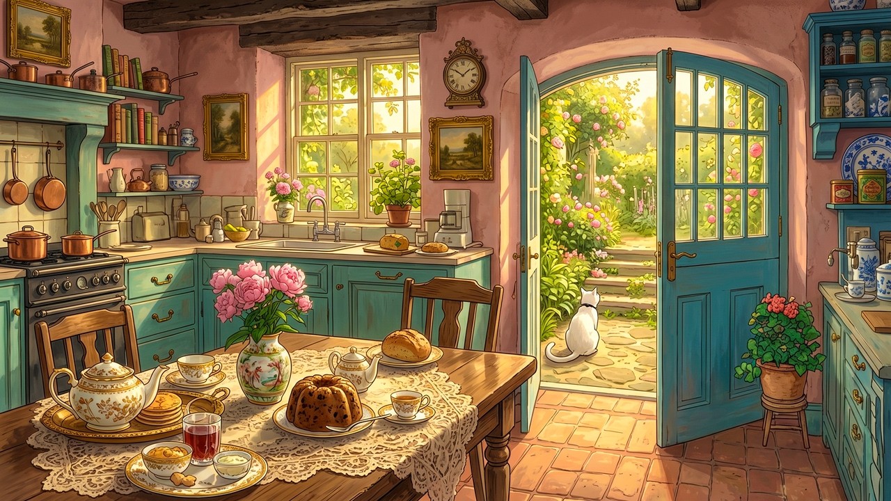 Vintage Classic Music 1940s Playing in Another Room on a Gentle Spring Morning by the Garden