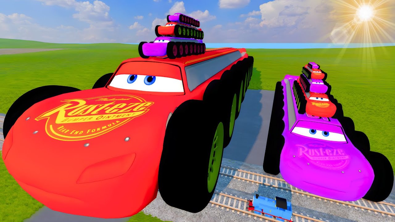 Big & Small Red And Purple Dodge SRT Hellcat Lightning McQueen VS Trains Thomas | BeamNG.drive