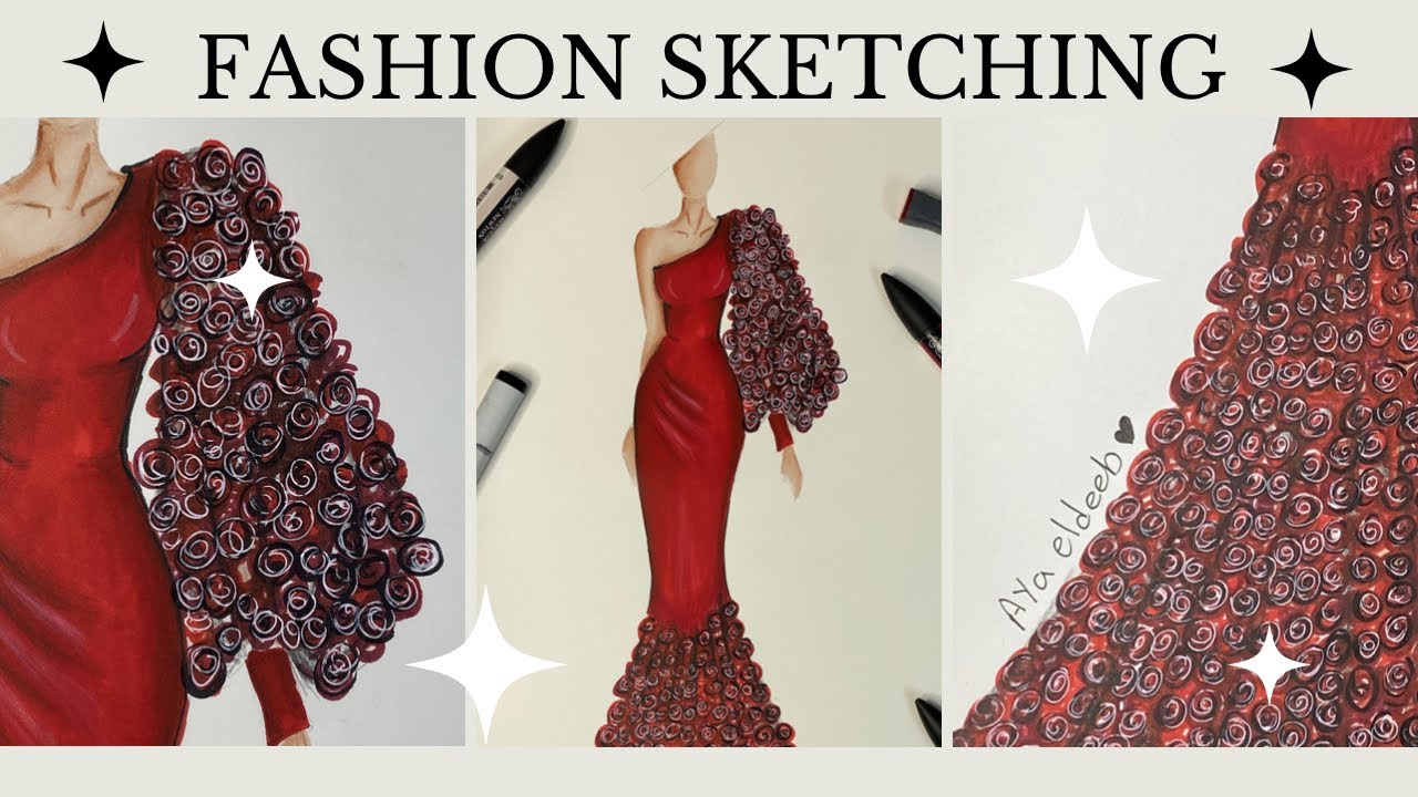 Fashion illustration : how to draw Red Flowery Dress | تصميم أزياء : رسم فستان سهر أحمر ورد بارز