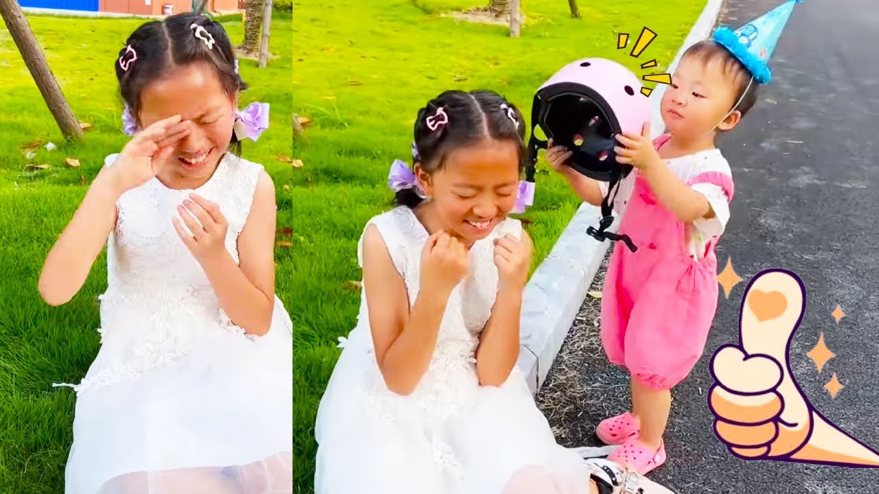 姐姐玩滑轮时摔倒了，小宝宝赶紧送给她安全护具，这下可以开心的玩耍了！【久久好物】