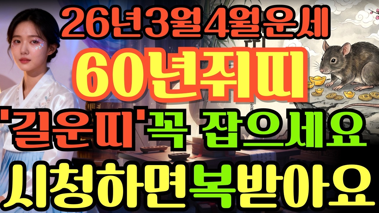 [60년쥐띠26년3월,4월운세]시청하면복이오는1960년경자생쥐띠26년3월,4월운세