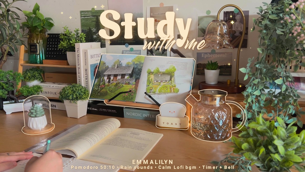 🌿4-HOUR Study With Me • Rain sounds☔+ Calm Lofi bgm • Pomodoro 50-10 • Day307🌤️