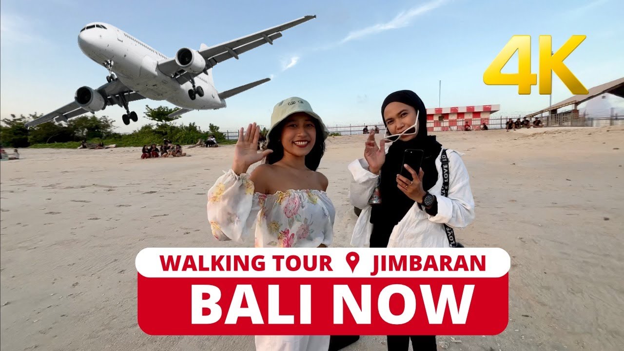 🇮🇩 Unbelievable! Airplane takes off right over the beach. Walking tour in Jimbaran BALI Indonesia