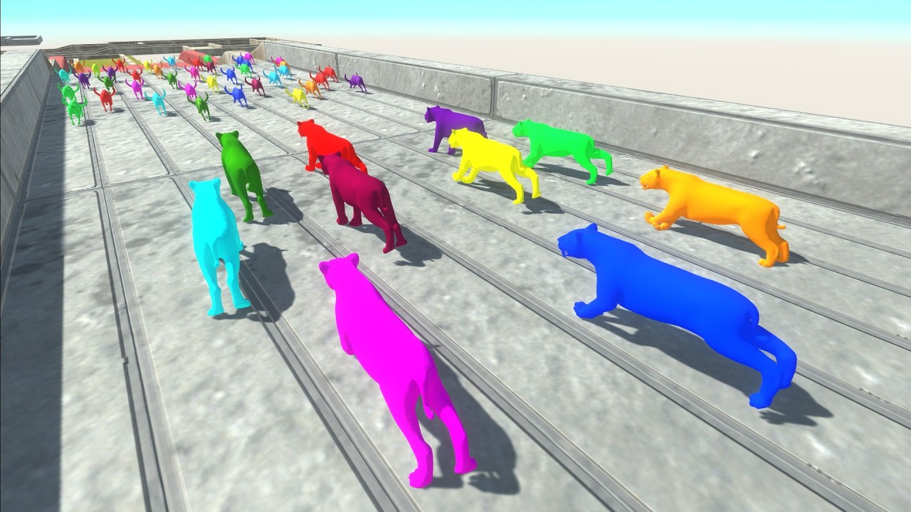 10 Neon Smilodons Race To Eat 40 Neon Water Buffaloes - Animal Revolt Battle Simulator