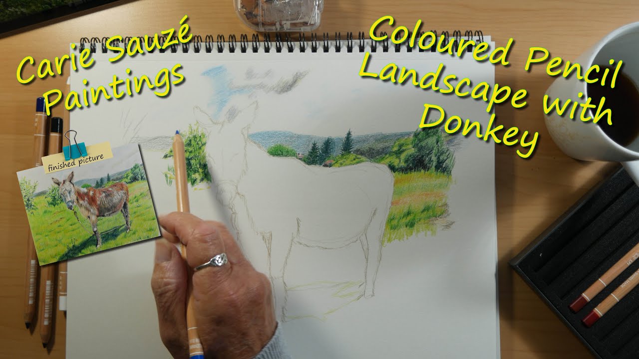 Coloured Pencil Landscape with Donkey using Caran D'Ache Pencils - Video No. 150