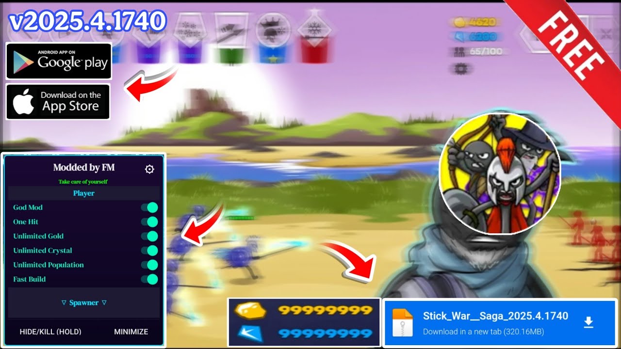 Меню мода Stick War Saga v2025.4.1740 | Неограниченные деньги и разблокировка всех скинов