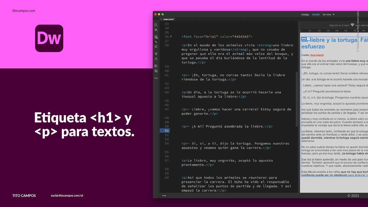 Introducción a la Estrucutura del HTML y Directorio Web para Fábula en Adobe Dreamweaver