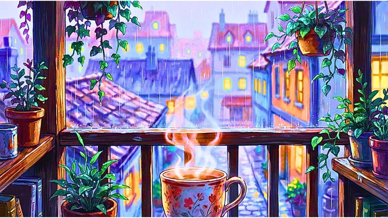 🍵🌧️ Warm Cup of Tea on a Rainy Balcony — Ghibli Style City Ambience