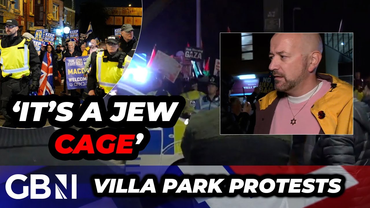 WATCH: Pro-Israel protesters put in 'Jew cage' after &lsquo;death to IDF&rsquo; chants ring out at Villa Park