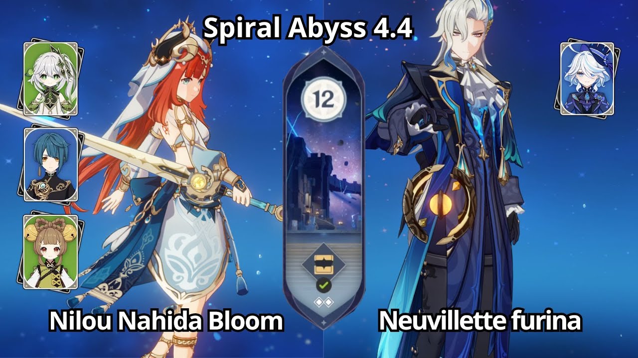 C0 Nilou Nahida Bloom & C0 Neuvillette Furina Duo - Spiral Abyss 4.4 Floor 12 Genshin Impact