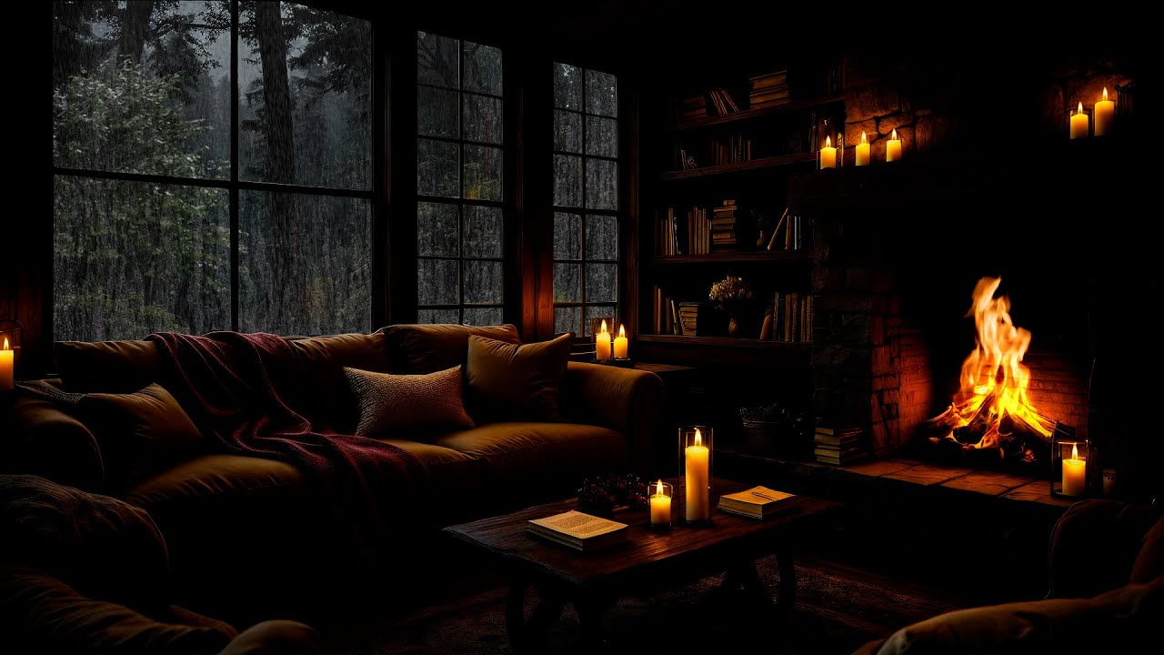 Rainy Evening Inside a Forest Cabin Fireplace 🔥 Gentle Piano for Deep Rest