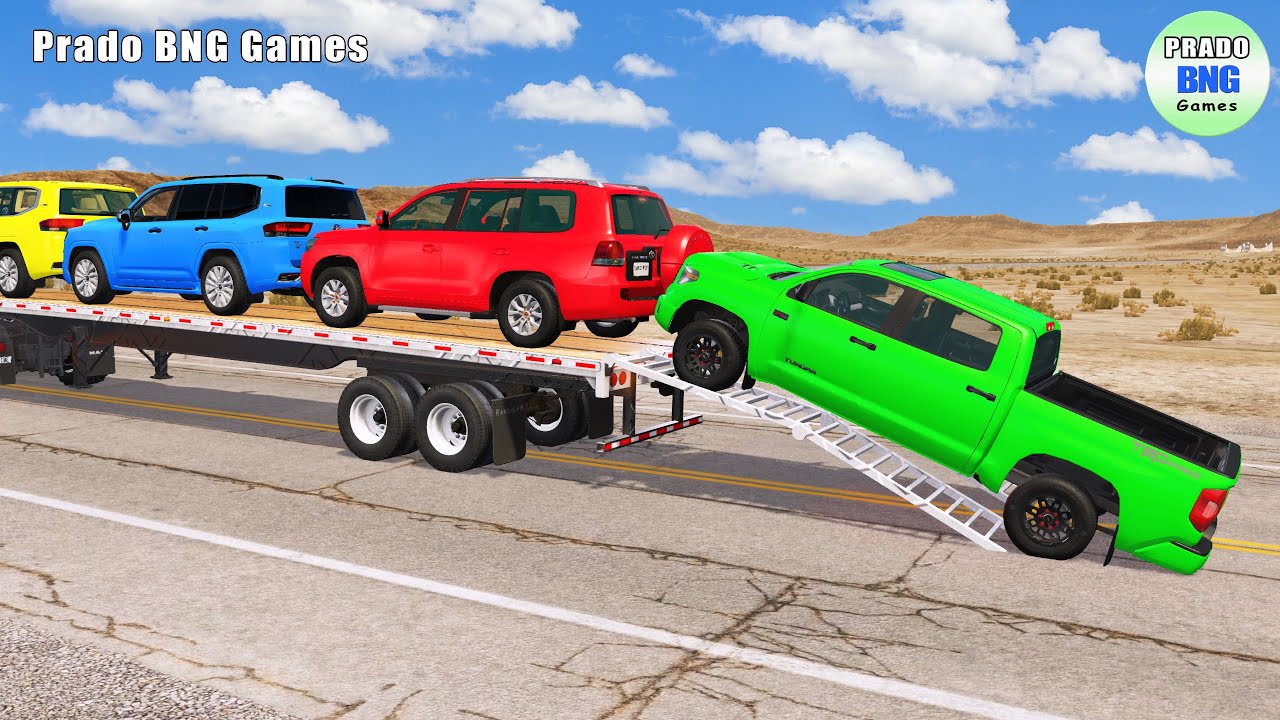 Toyota, Mercedes, трактор и грузовик с платформой против поезда – BeamNG.drive 434