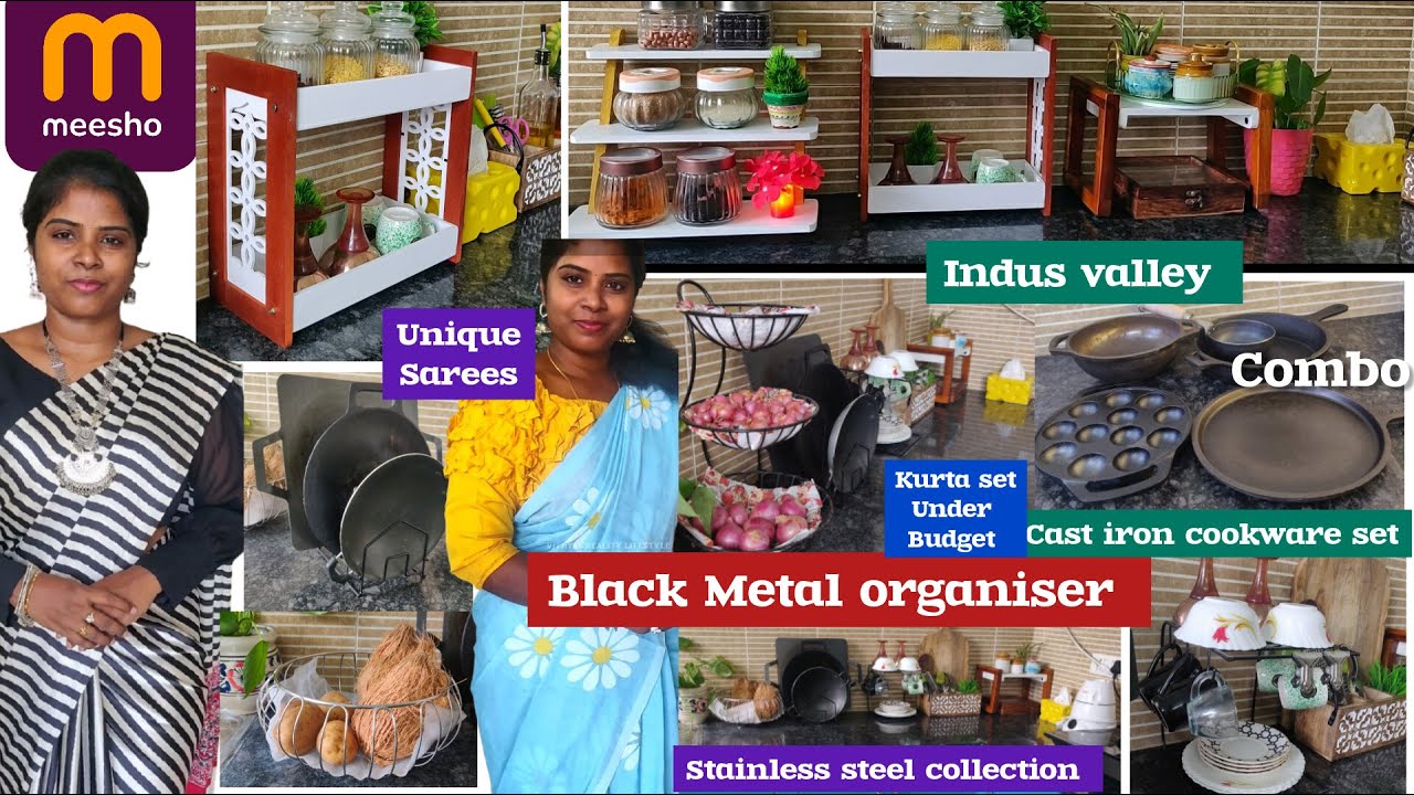 🧿Meesho⚫Black Metal☘️Stainless🤗Wooden  Organiser For kitchen✅Cast iron Cookware Set🍳Budget Dresses 🥻