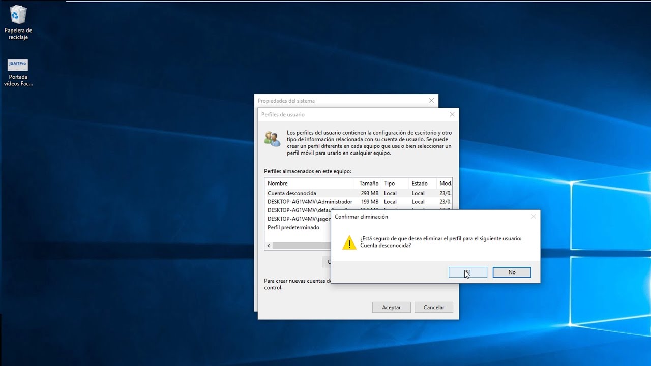 Eliminar correctamente perfil de usuario en Windows 10