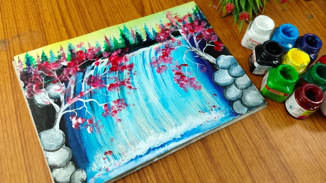 Easy Waterfall Landscape Painting tutorial for beginners || Step by step Waterfall landscape Paintin