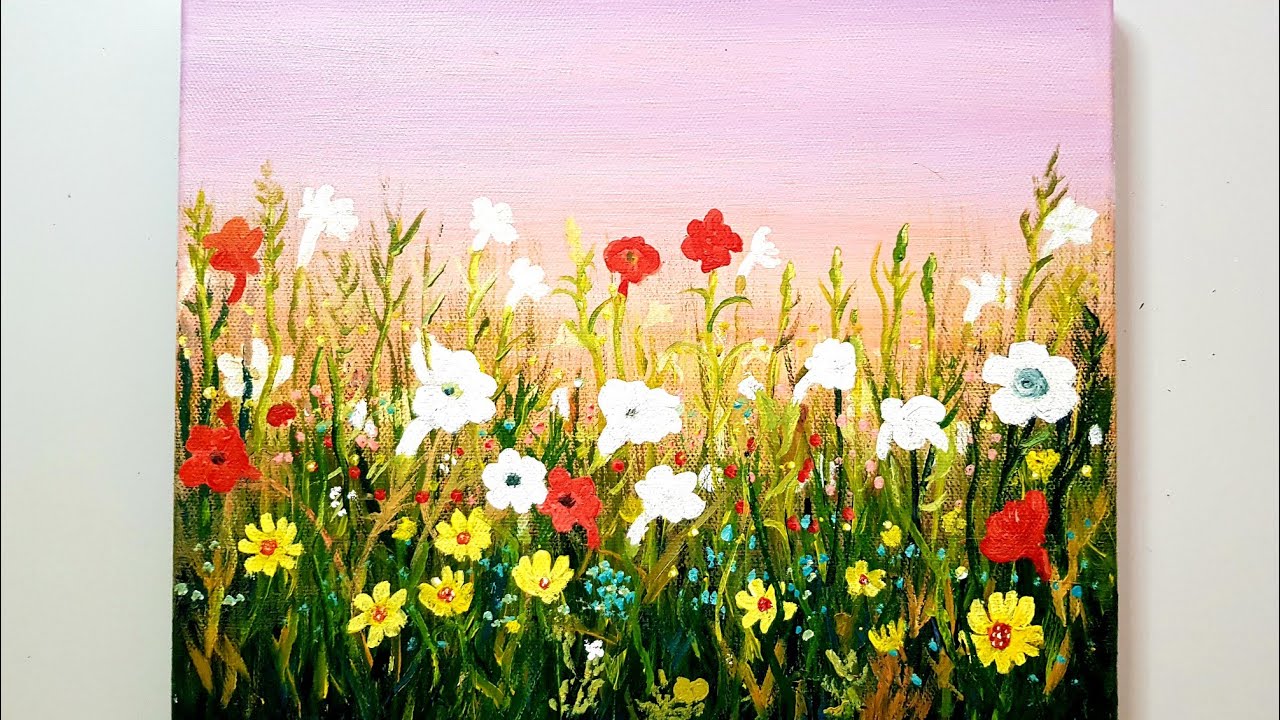 Flowers field acrylic painting / how to paint flowers field./step by step demo.