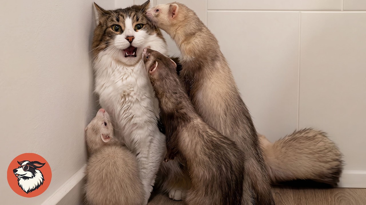 This Cat Lives With 5 Ferrets And Wrestles Them Every Day
