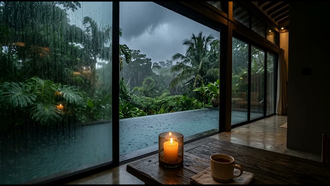 Heavy Rain at Luxury Infinity Pool Villa | Relaxing Thunderstorm Ambience for Sleep & Study