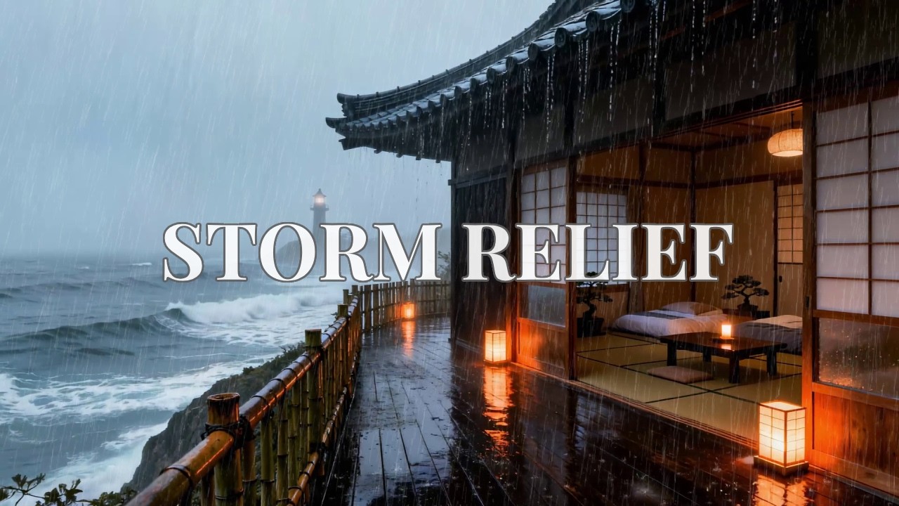 12 Hours Heavy Night Rain at Cliffside Bedroom with Stormy Ocean to Help You Relax and Sleep Fast