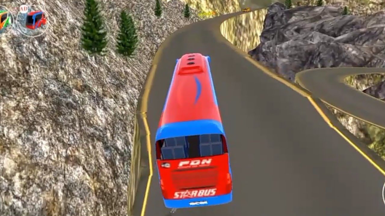 Bus simulator bus penumpang meluncur kencang melewati jalan berliku-liku dan jurang yang dalam