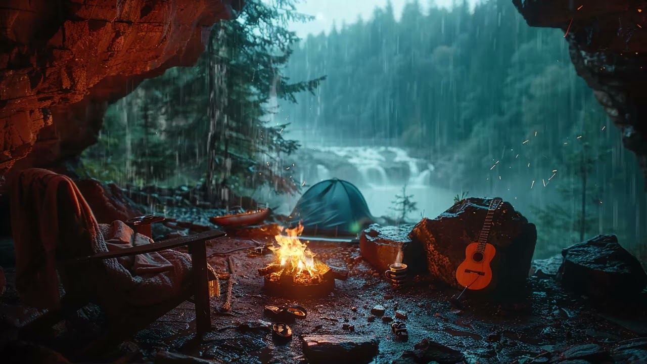 Tiefschlaf ASMR Deutsch – Regen fällt vor der Höhle mit sanftem Feuerlicht