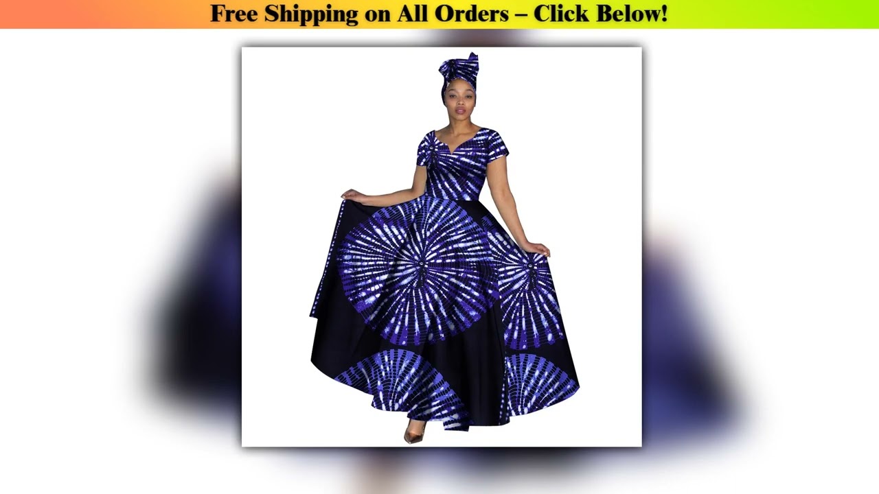 Fashion Women Clothes African Dresses Ankara Print V-neck Maix Long Dresses with Head Scarf