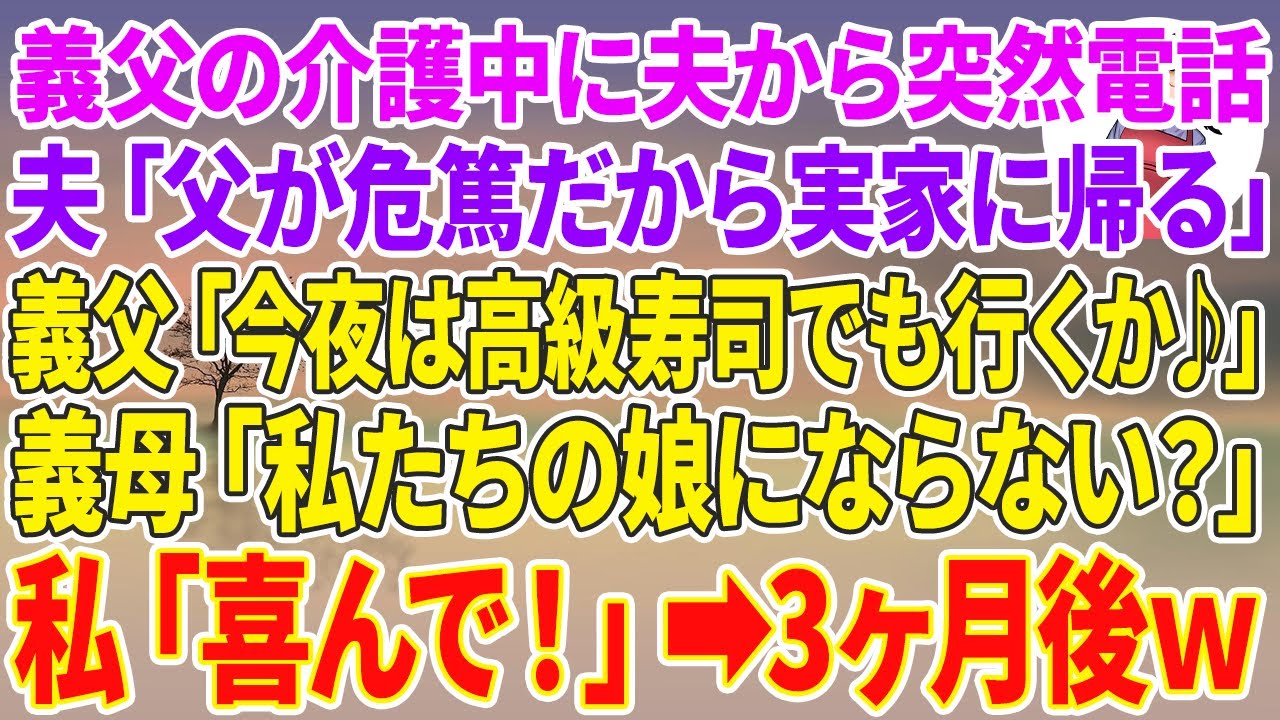 【スカッと総集編】義父の介護中に夫から突然電話「父が危篤だから実家に帰る」義父「今夜は高級寿司でも行くか♪」義母「私たちの娘にならない？」私「喜んで！」3ヶ月後w【スカッと】【朗読】