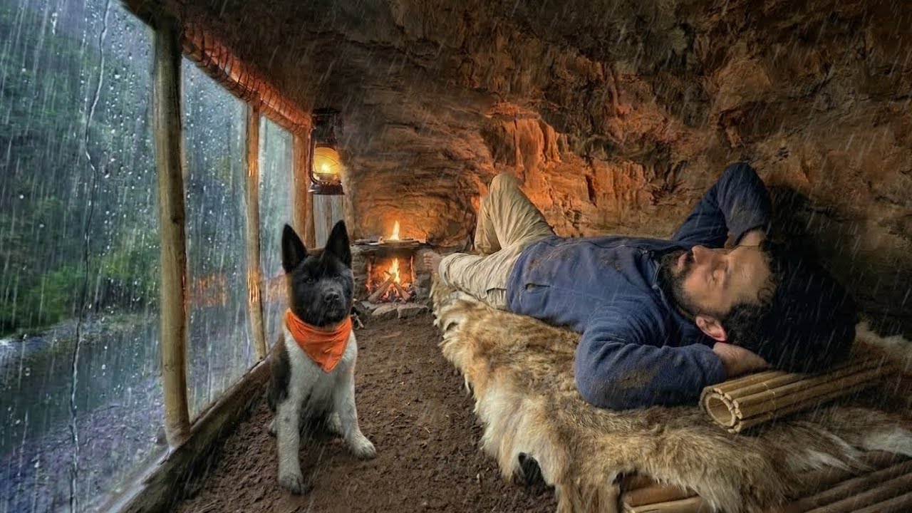 3 Days Solo SURVIVAL in Heavy Rain - I Built CAVE with Fireplace. Bushcraft Camping - Fishing
