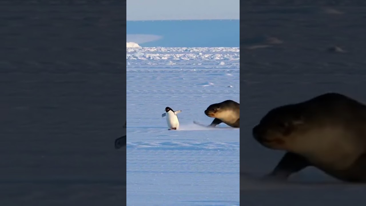A cute penguin running away from the giant seal