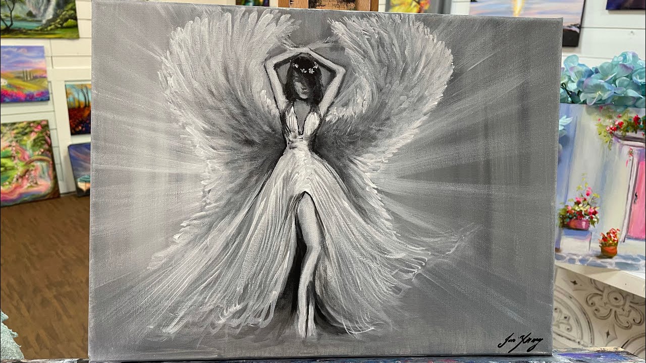 How To Paint An Angel in Black and White | Acrylic tutorial