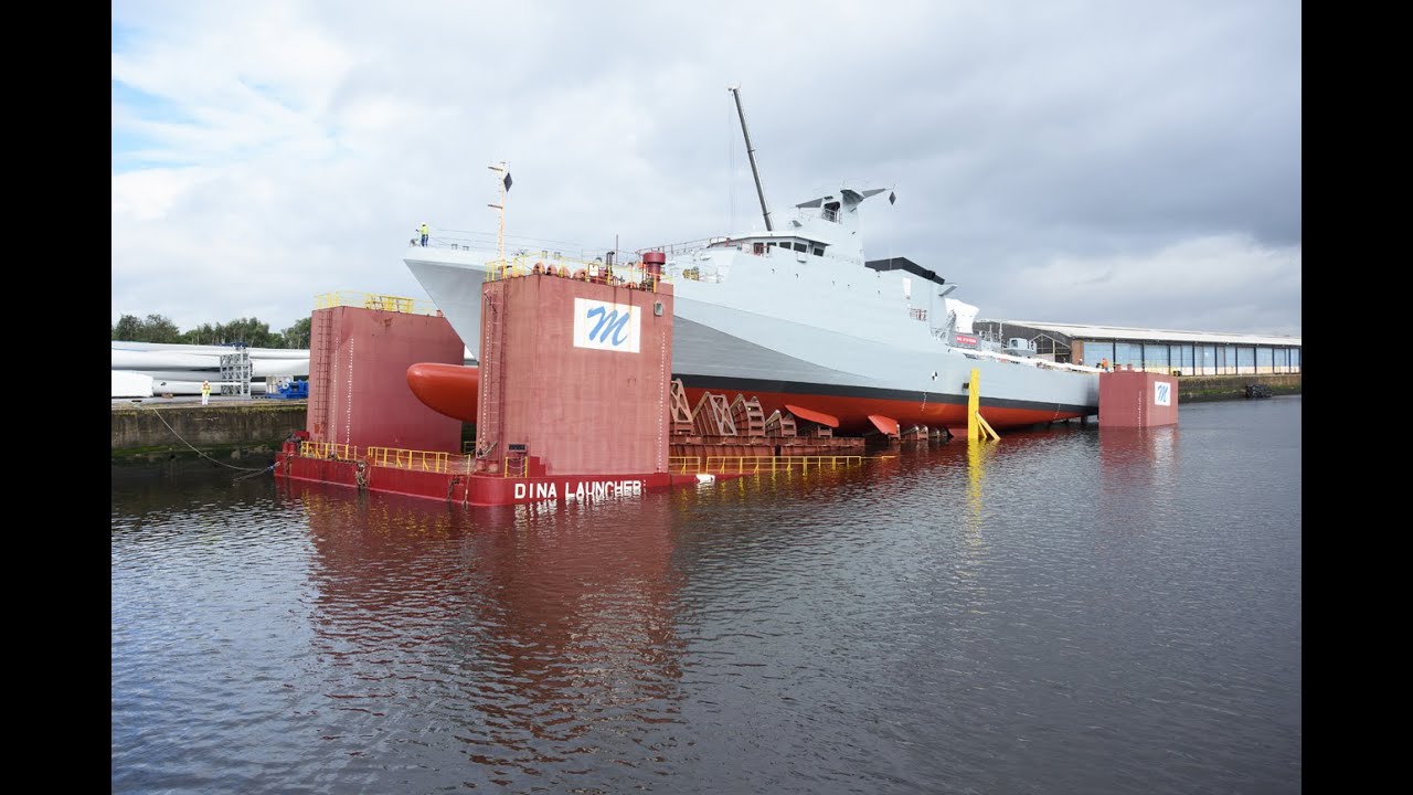 Royal Navy’s new offshore patrol vessel HMS Forth being lowered into the water for the first time