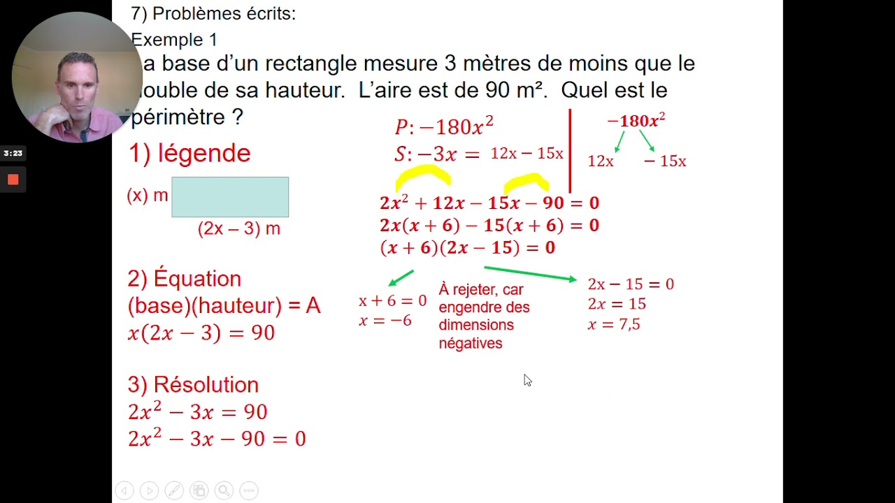 Math SN 4 Cours 09 probl&egrave;mes &eacute;crits factorisation