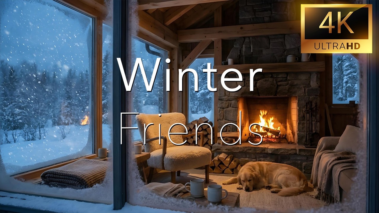 Cozy Winter Cabin: Sleeping Dog by the Fireplace | Soft Snowfall & Crackling Fire Ambience