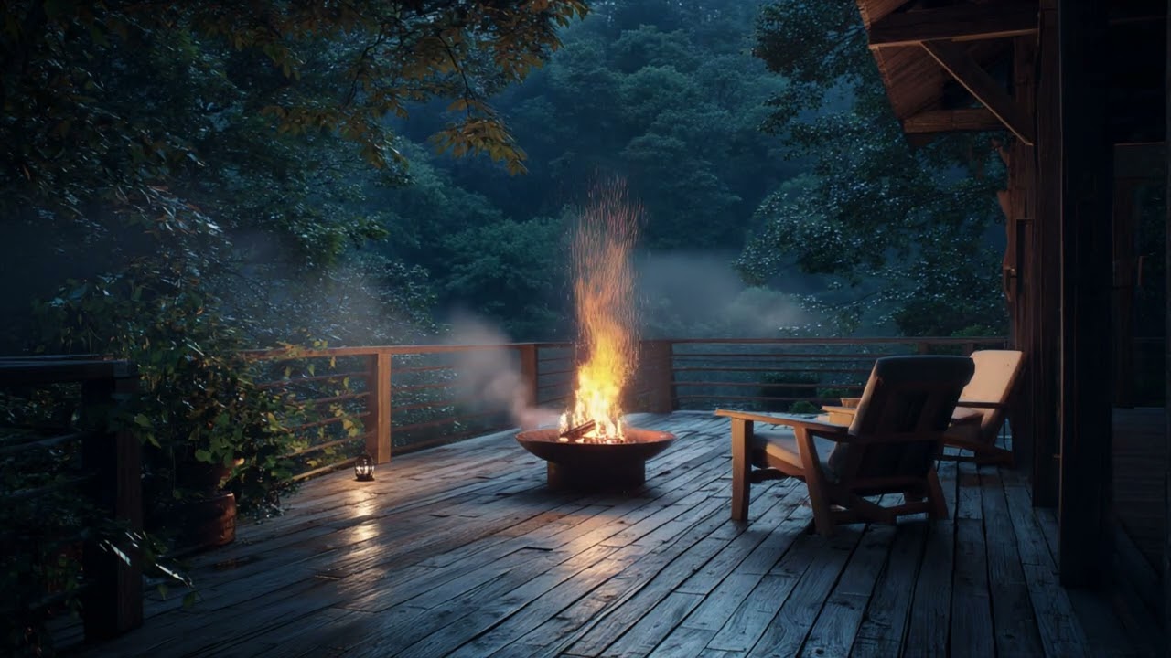 Quiet Shelter: Foggy Woods Fire Pit 🌫️🔥 Cozy Deck Ambience | Peaceful Crackling Fire for Relaxation