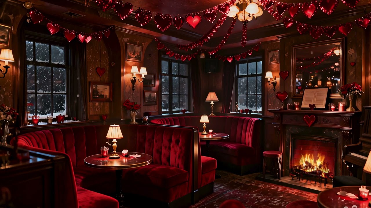🥀 1950s Valentine Day Speakeasy Lounge Ambience | Vintage Jazz & Crackling Fireplace | 10 Hours