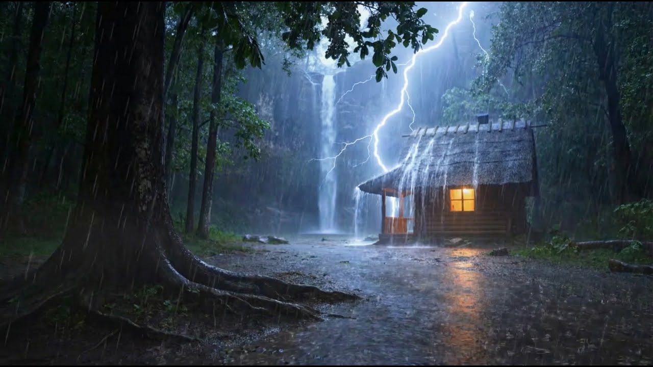 Night Rain Ambience in Cozy Cabin ⛈️ Thunderstorm for Better Sleep (No Music)
