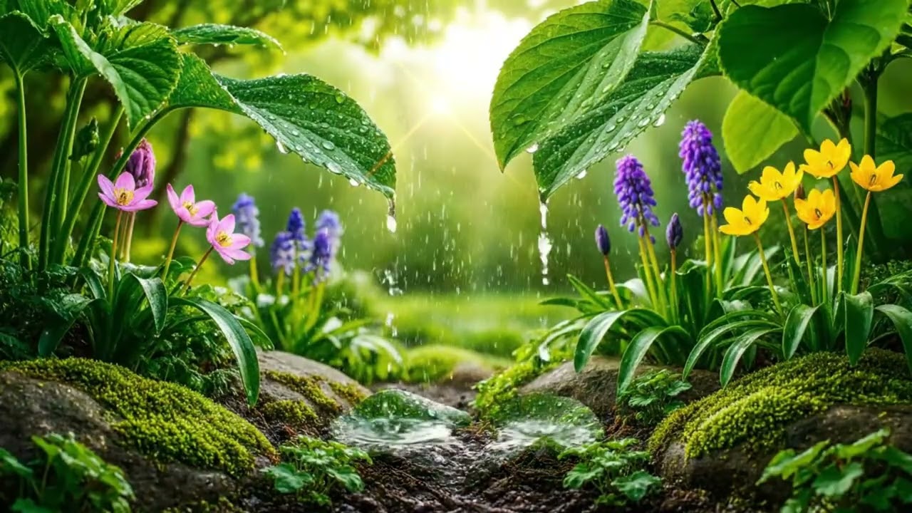 1 Hour Rain Season Ambience 🌧️ Water Dripping Through Leaves + Calm Piano