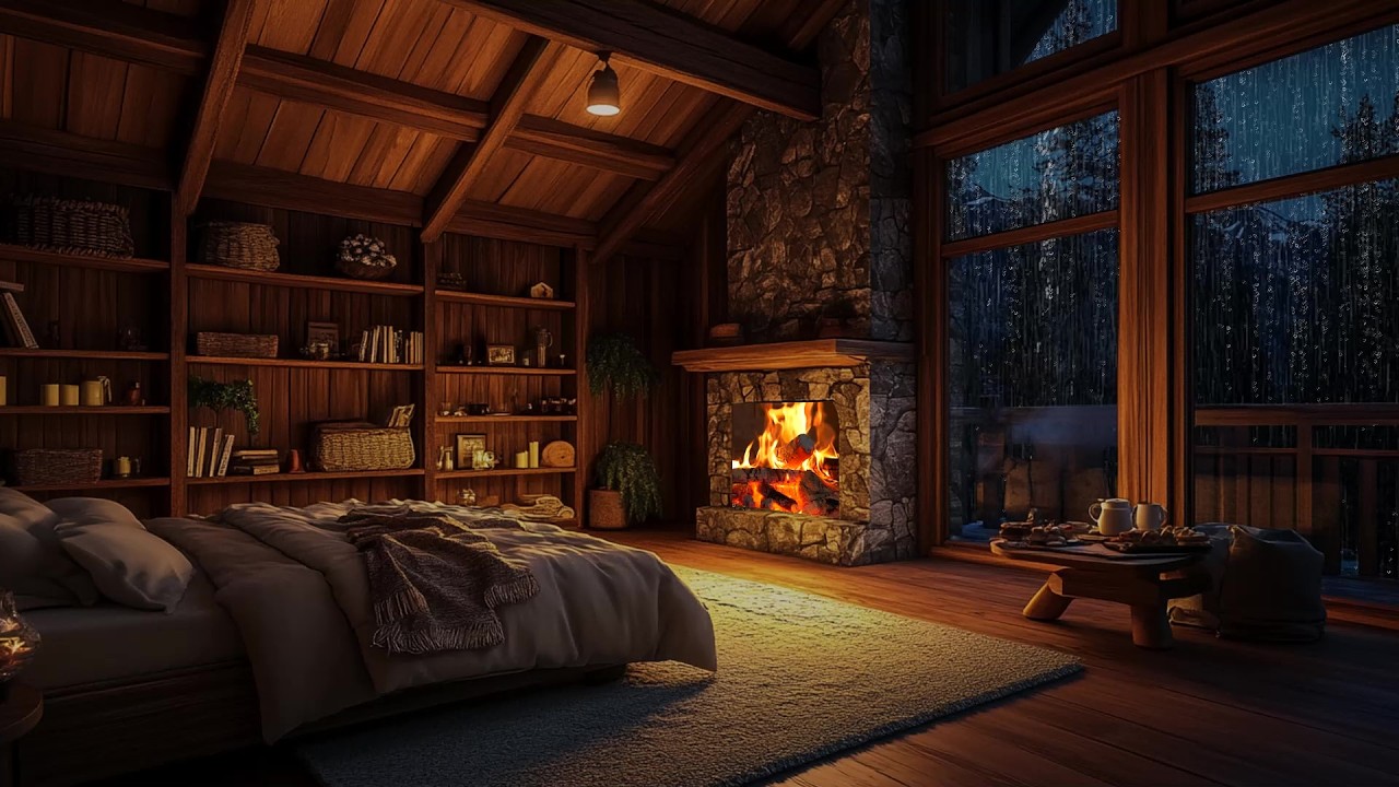 🌲 Heavy Rain in Pine Forest by a Cozy Cabin Bedroom | Window Rain & Fireplace | Deep Sleep