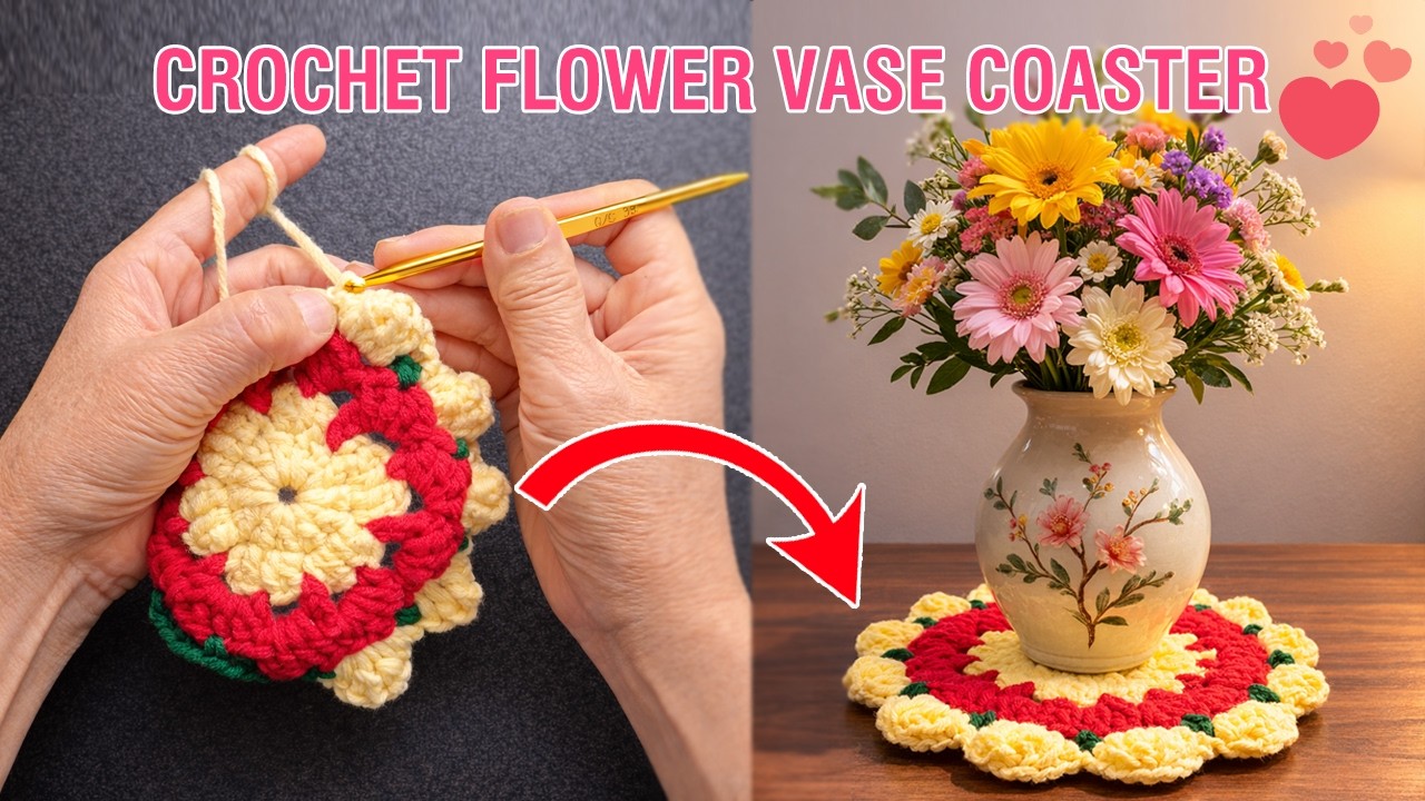 90 Year Old Grandma Crocheting - Beginner Crochet Flower Vase Coaster Tutorial – Cute Handmade Gift