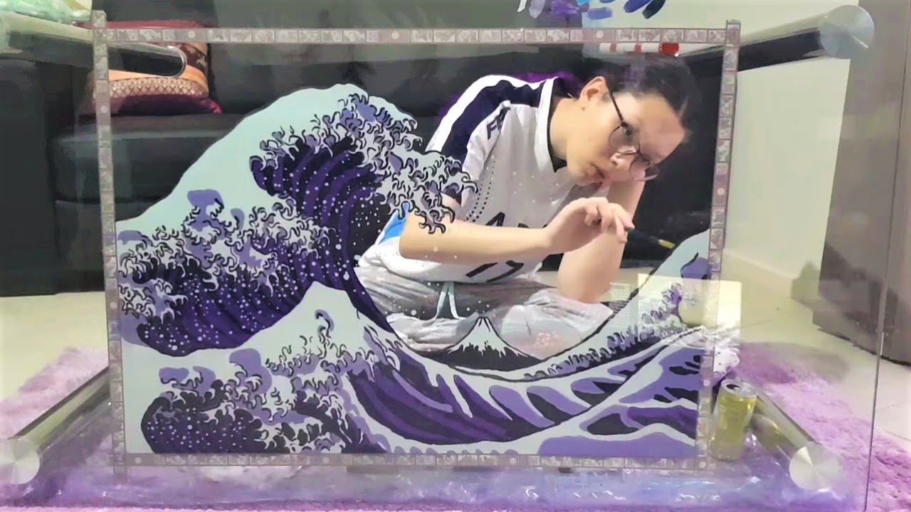 Reverse Glass Table Painting The Great Wave... but PURPLE
