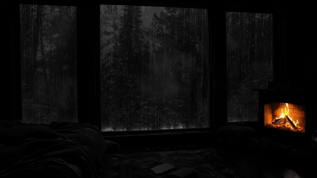 Night Rain & Crackling Fireplace Sounds 🌧️ Calming Storm Ambience Through the Window for Relaxation