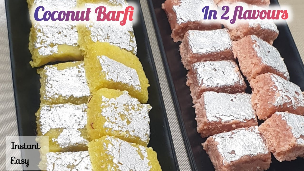 Nariyal Barfi Recipe | Coconut Sweet in 5 Minutes | 2 Flavors