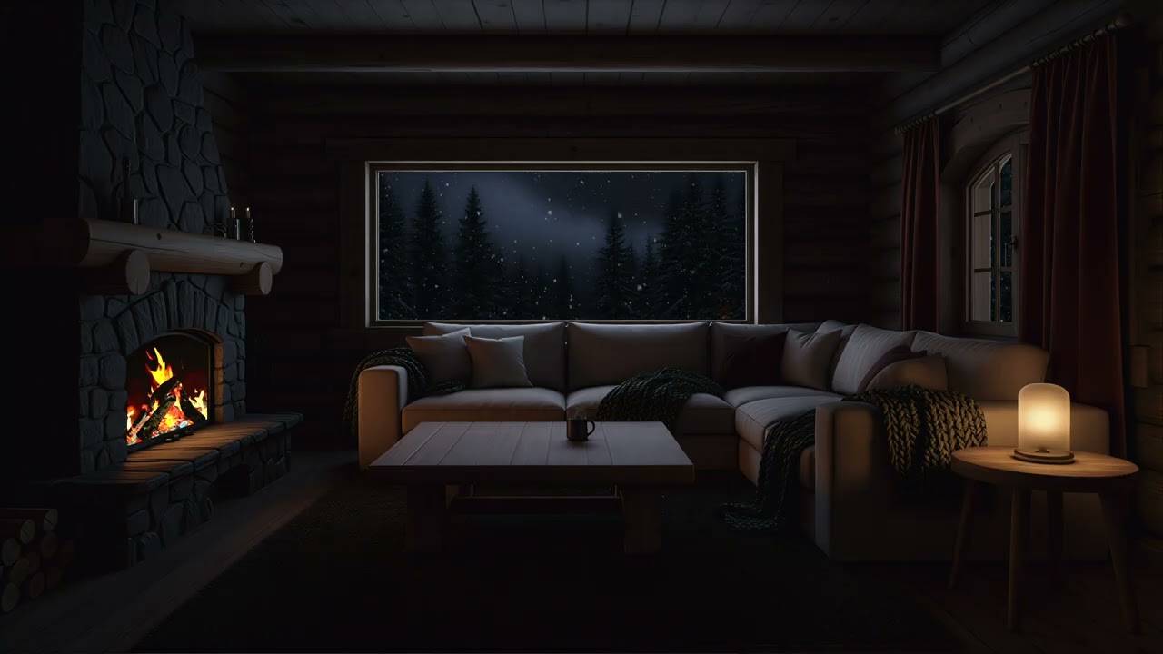 Warm Forest Cabin Surrounded by Gentle Snow — Cozy Winter Night Ambience for Rest and Focus