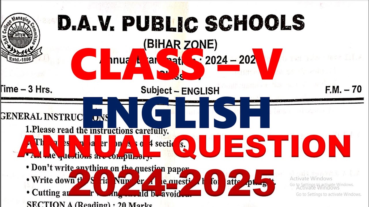 DAV CLASS 5 ENGLISH PREVIOUS YEAR ANNUAL QUESTION PAPER | ENGLISH ANNUAL QUESTION | 2024-25 #dav