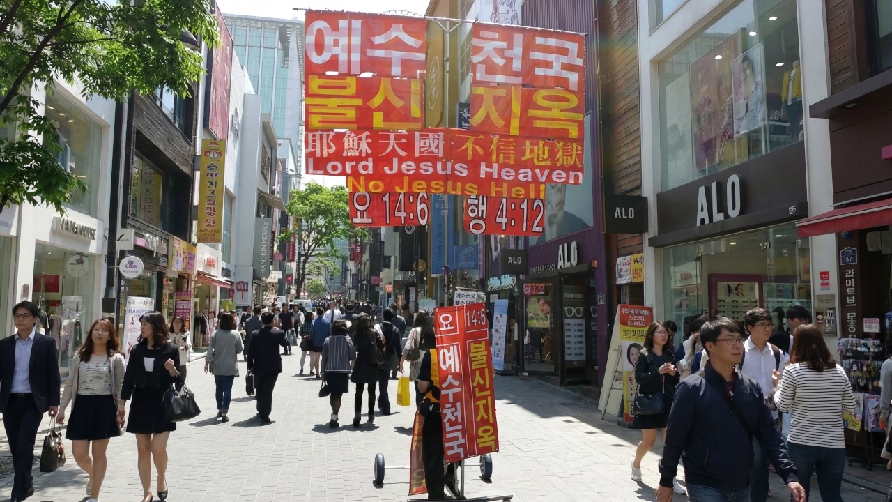 전도사분들은 왜 이렇게 피켓 디자인을 무섭게 하신 걸까?